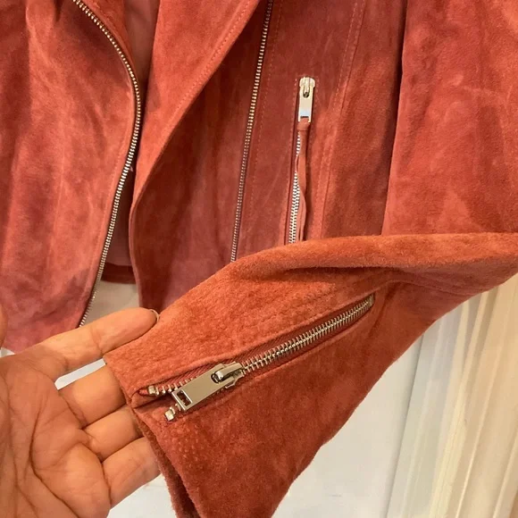 MNG Mango Leather biker fringed jacket with zipper detail, mauve color, Sz M - Picture 7 of 16